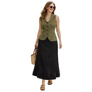 Solitaire / Anthropologie Black Cotton Midi Skirt Rosette Hem, Size S